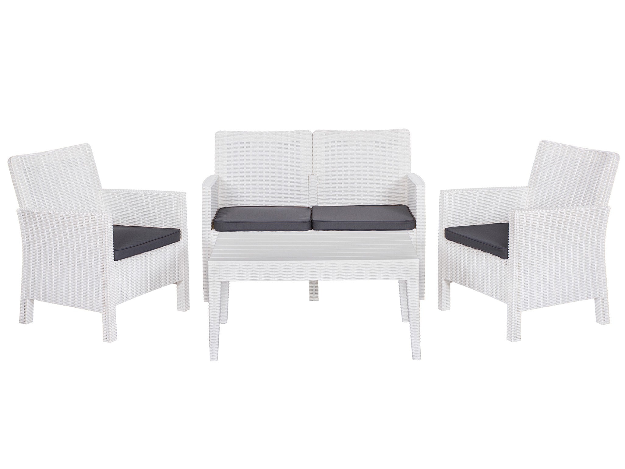 Set ADRIÁTICO, 2 Poltronas + Sofá 2 lugares + mesa, polipropileno branco, coxim antracite