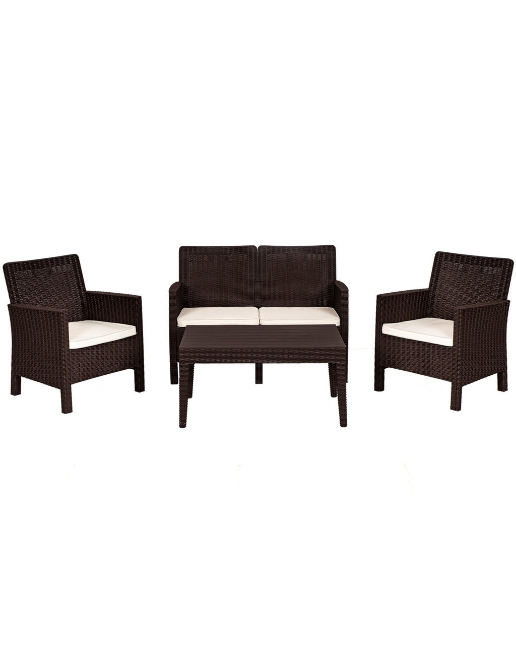 Set ADRIÁTICO, 2 Poltronas + Sofá 2 lugares + mesa, polipropileno castanho, coxim bege