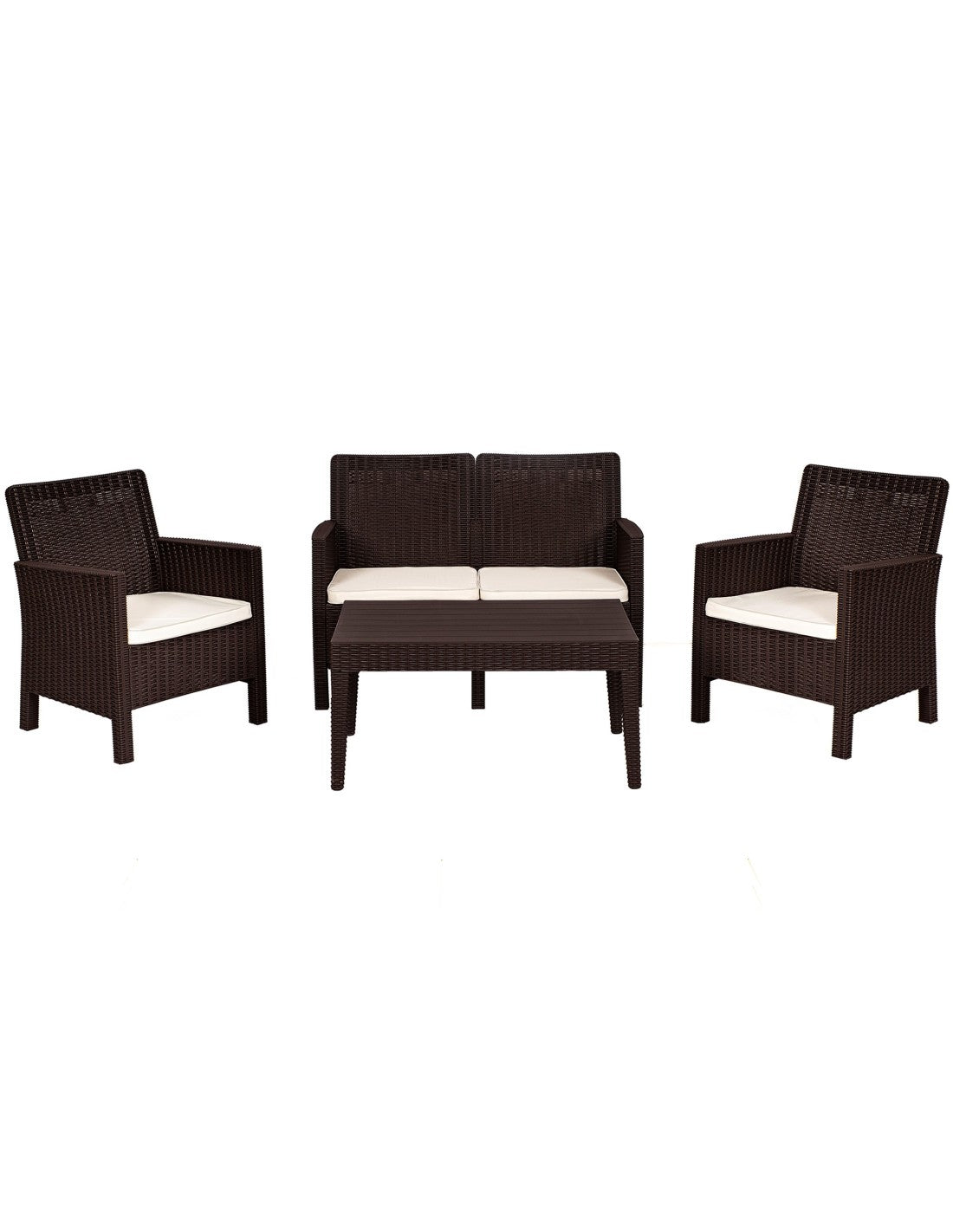 Set ADRIÁTICO, 2 Poltronas + Sofá 2 lugares + mesa, polipropileno castanho, coxim bege