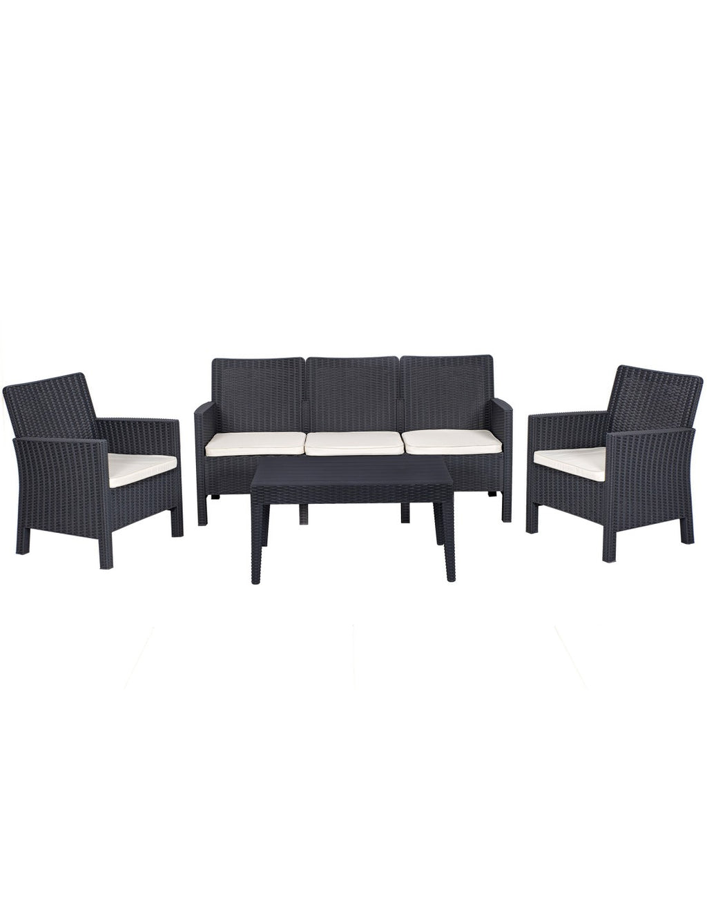 Set ADRIÁTICO, 2 Poltronas + Sofá 3 lugares + mesa, polipropileno branco, coxim antracite