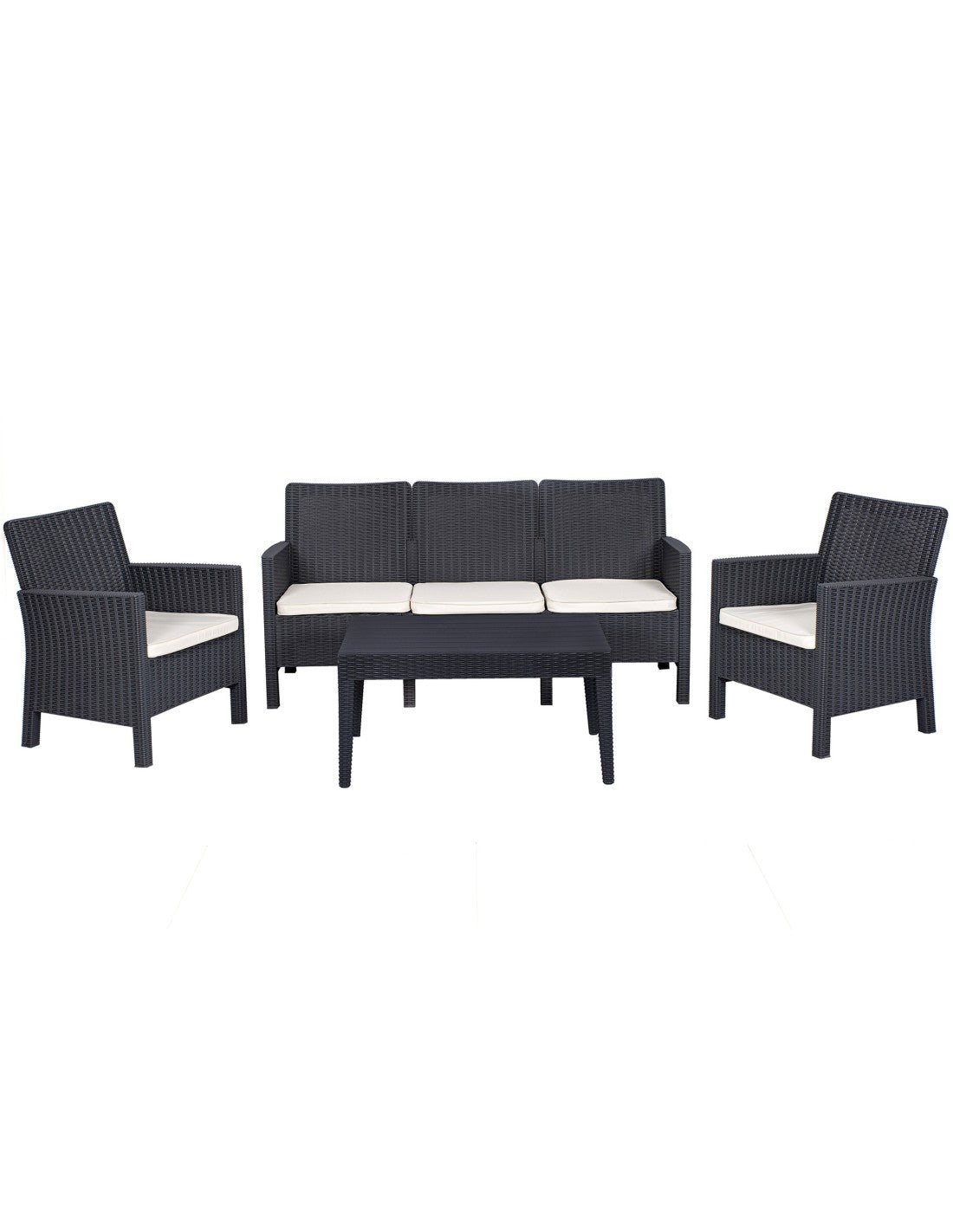 Set ADRIÁTICO, 2 Poltronas + Sofá 3 lugares + mesa, polipropileno castanho, coxim beige