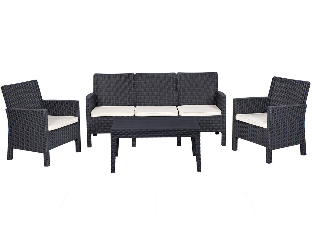 Set ADRIÁTICO, 2 Poltronas + Sofá 3 lugares + mesa, polipropileno antracite, coxim beige