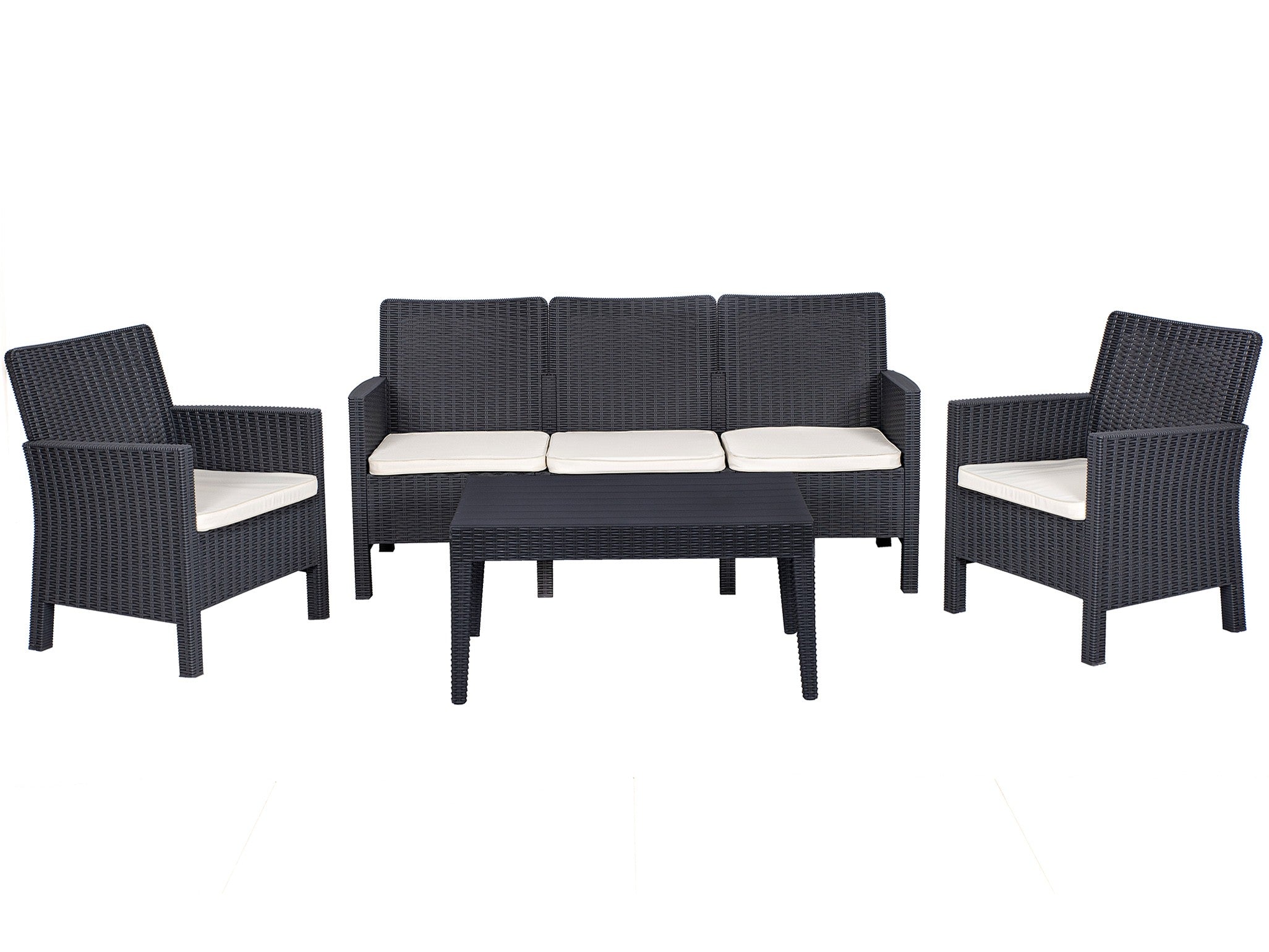 Set ADRIÁTICO, 2 Poltronas + Sofá 3 lugares + mesa, polipropileno antracite, coxim beige