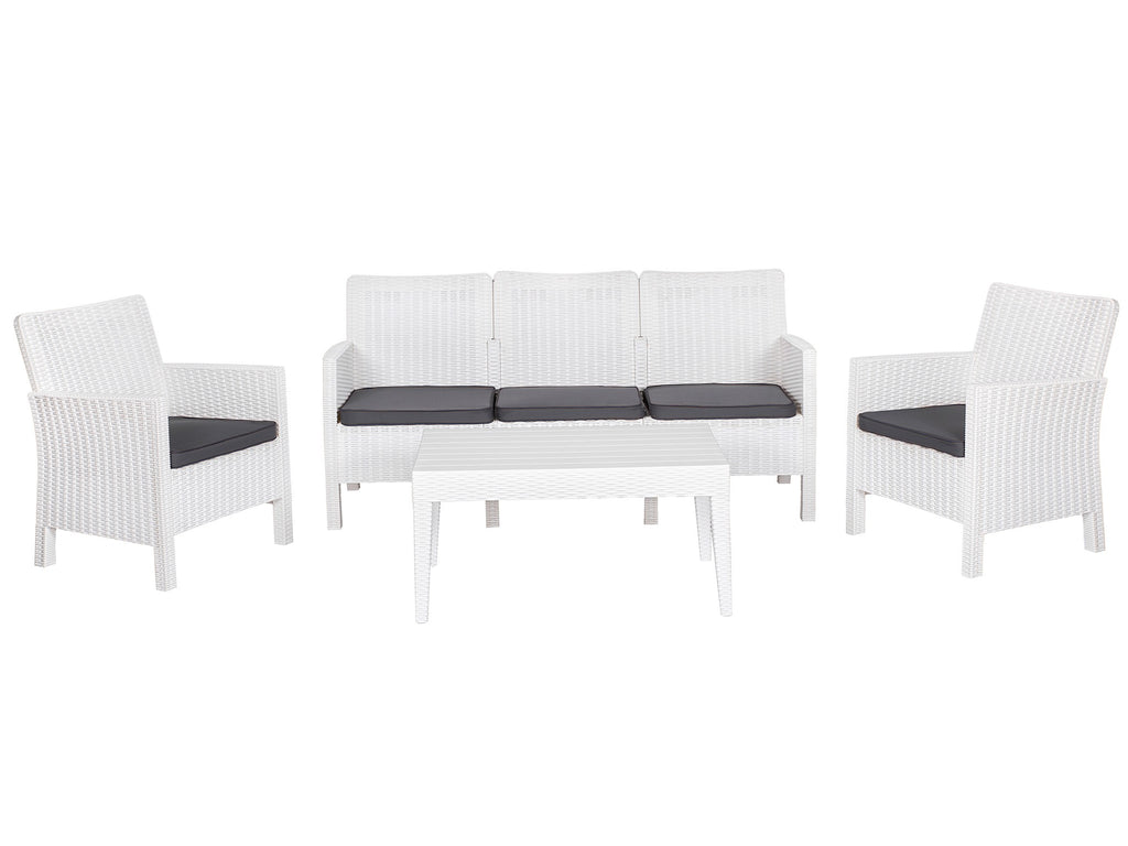 Set ADRIÁTICO, 2 Poltronas + Sofá 3 lugares + mesa, polipropileno branco, coxim antracite