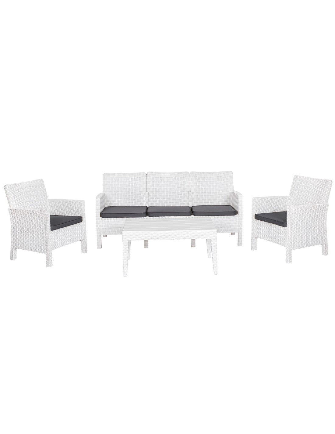 Set ADRIÁTICO, 2 Poltronas + Sofá 3 lugares + mesa, polipropileno antracite, coxim beige