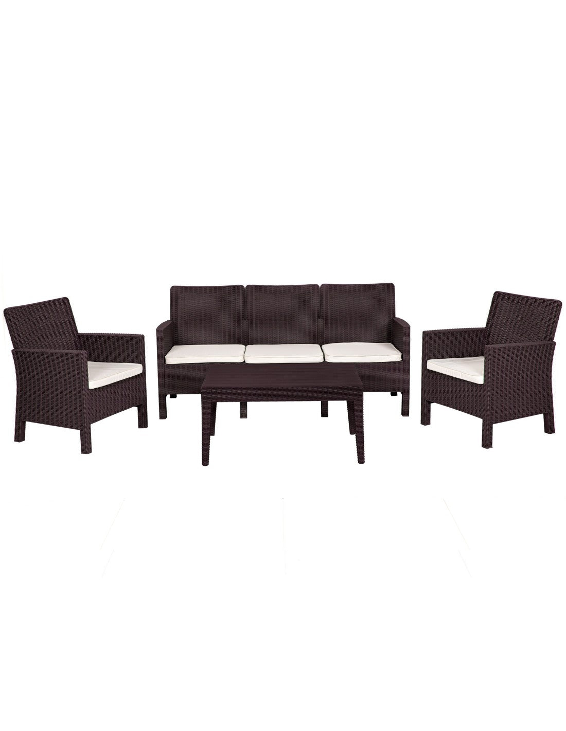 Set ADRIÁTICO, 2 Poltronas + Sofá 3 lugares + mesa, polipropileno castanho, coxim beige
