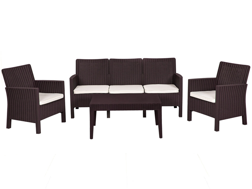 Set ADRIÁTICO, 2 Poltronas + Sofá 3 lugares + mesa, polipropileno castanho, coxim beige