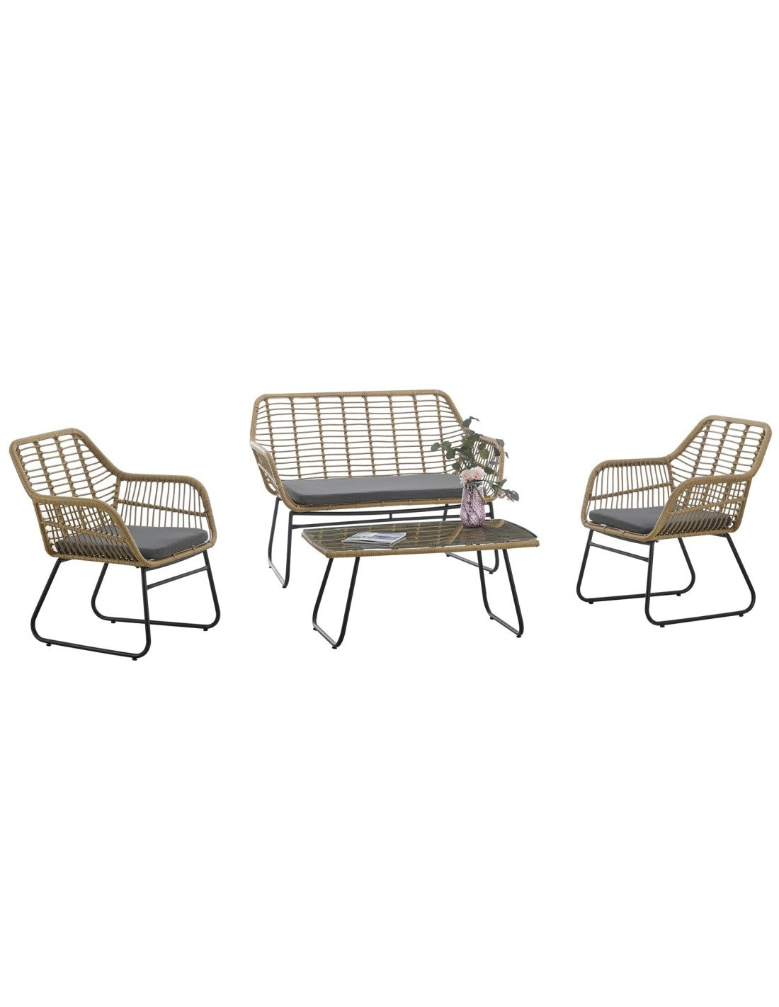 Set KROYA, 2 Poltronas + Sofá 2 lugares + mesa, metal, ratán bege, coxim preto