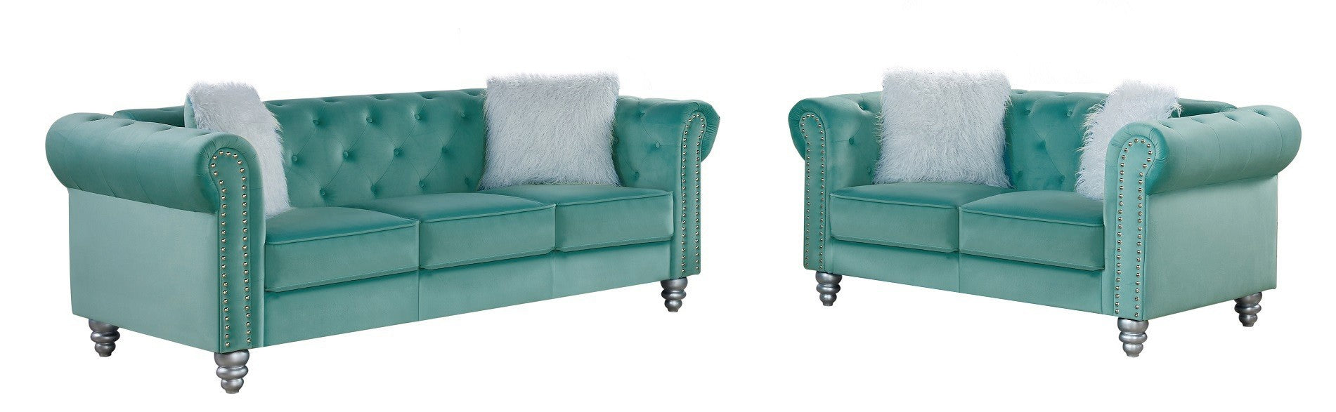 Set sofás CHESTER STYLE, 3 + 2 lugares, tecido veludo verde água 58